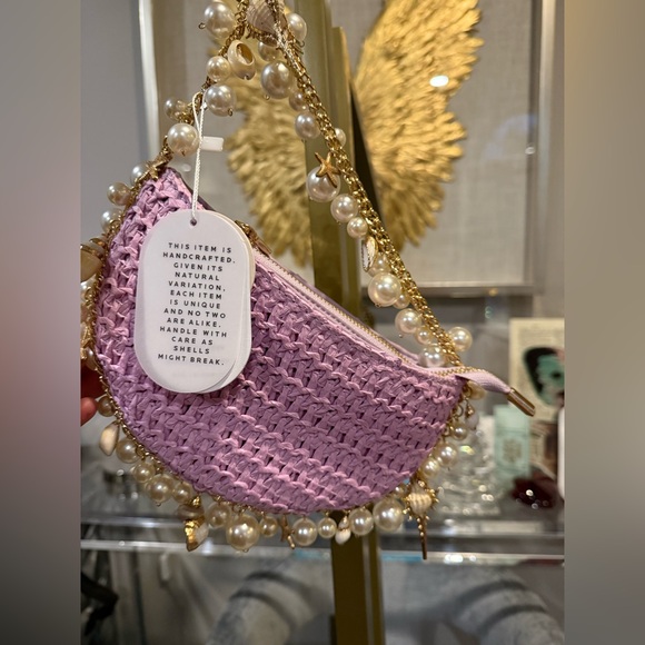 NWT Lavender Shell Straw Top Handle Bag | Pearl & Gold Vacation Must-have 🆕 - Picture 7 of 9